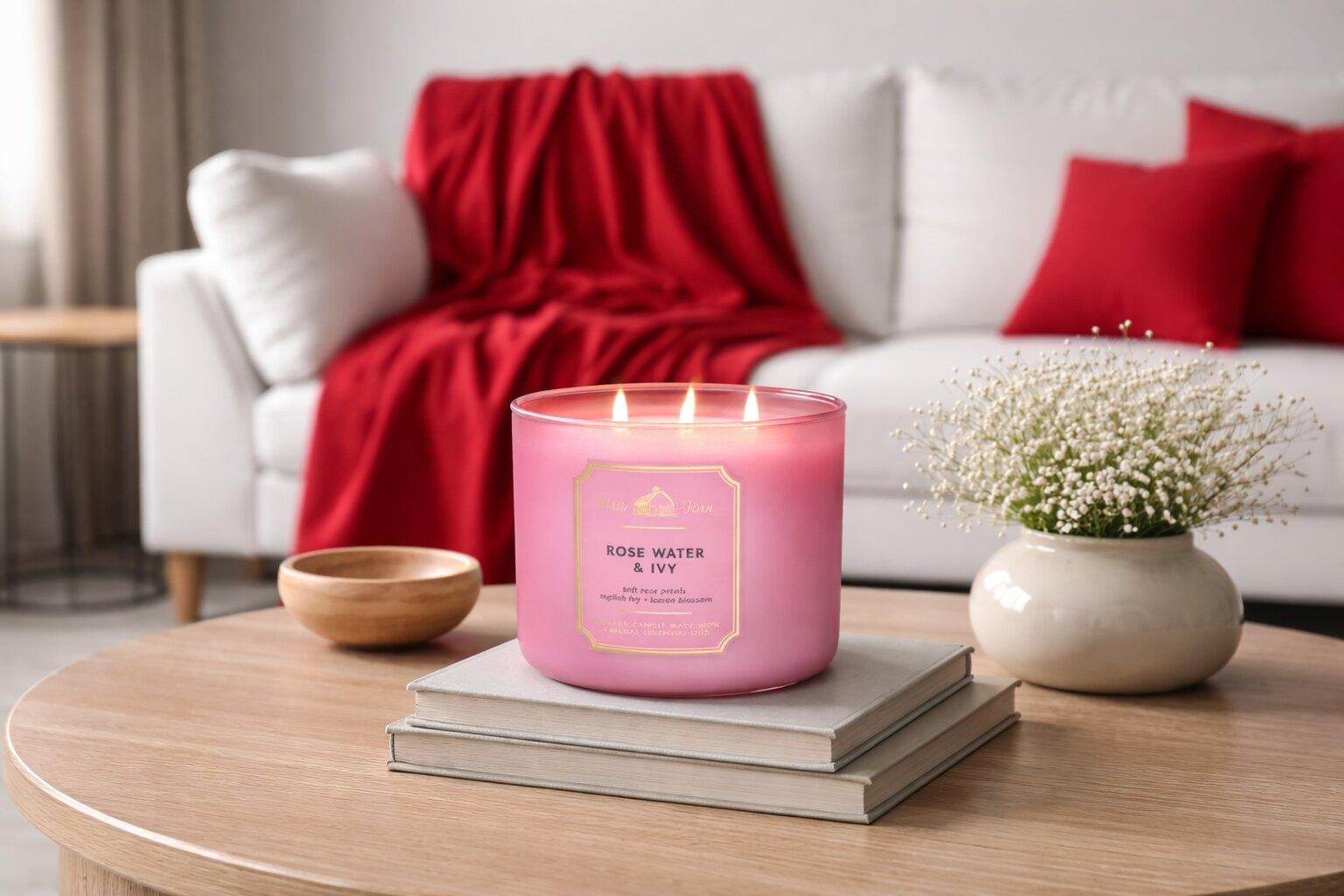 A bright living room with a white sofa, a red throw and a scented candle on the coffee table